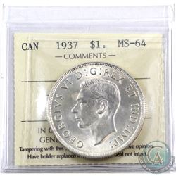 Silver $1 1937 ICCS Certified MS-64. An attractive full white coin with a soft satin finish.