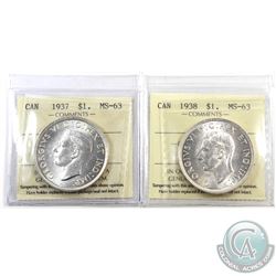 Silver $1 1937 & 1938 Both ICCS Certified MS-63! An attractive pair both near full white coins. 2pcs