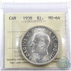 Silver $1 1938 ICCS Certified MS-64. A choice eye appeal coin with soft accents of golden tones.