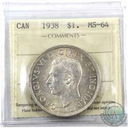 Silver $1 1938 ICCS Certified MS-64. Light rose toning over frosted fields.