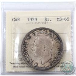 Silver $1 1939 ICCS Certified MS-65! A fully toned coin with hues of rose red and deep blues.