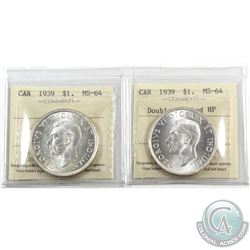 Silver $1 1939 Double Punched HP & 1939 Regular ICCS Certified MS-64. Blast white coins! 2pcs