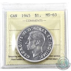 Silver $1 1945 ICCS Certified MS-63. Nice Brilliant Coin with mirror finishes.