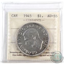 Silver $1 1945 ICCS Certified AU-55. Bright coin with a few light  tones throughout the obverse.