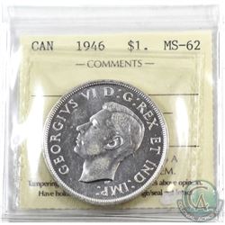Silver $1 1946 ICCS Certified MS-62. A Nice full white coin