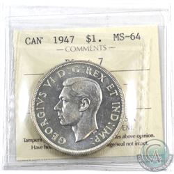 Silver $1 1947 Blunt 7 ICCS Certified MS-64. An exceptional strike.