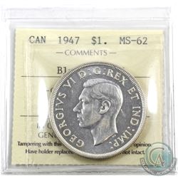 Silver $1 1947 Blunt 7, 7/7 Variety ICCS Certified MS-62. The 7 over 7 variety is very clearly defin