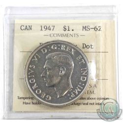 Silver $1 1947 Pointed 7 with Dot ICCS Certified MS-62. Beautiful example of this rare variety!