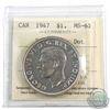 Image 1 : Silver $1 1947 Pointed 7 with Dot ICCS Certified MS-62. Beautiful example of this rare variety!