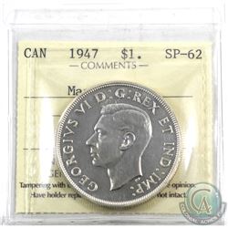 Silver $1 1947 Maple Leaf, ICCS Certified SP-62. Rare specimen strike! Bright coin with mirror like 
