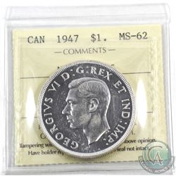Silver $1 1947 Maple Leaf, ICCS Certified MS-62. A full white coin with crisp strike details. A much