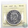Image 1 : Silver $1 1947 Maple Leaf, ICCS Certified MS-62. A full white coin with crisp strike details. A much