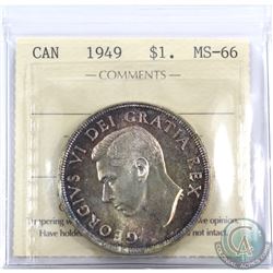 Silver $1 1949 ICCS Certified MS-66. Attractive hues of deep violet and light golden toning.