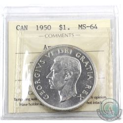 Silver $1 1950 Arnprior ICCS Certified MS-64. A nice choice brilliant example of this rarer variety.