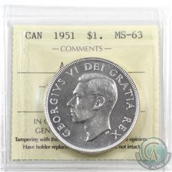 Silver $1 1951 Arnprior ICCS Certified MS-63. Full original lustre, blast white