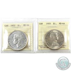 Silver $1 1952 WL & 1955 ICCS Certified MS-64. 2pcs