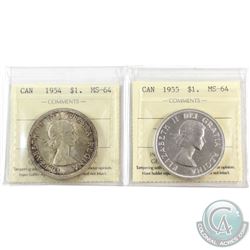 Silver $1 1954 & 1955 ICCS Certified MS-64. 2pcs