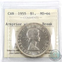 Silver $1 1955 Arnprior With Die Breaks ICCS Certified MS-64. A choice BU Coin!