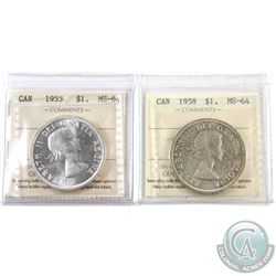Silver $1 1955 & 1958 ICCS Certified MS-64. 2pcs