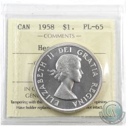 Silver $1 1958 ICCS Certified PL-65 Heavy Cameo. Blast white with reflective fields
