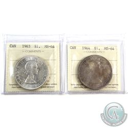 Silver $1 1963 & 1964 ICCS Certified MS-64. 2pcs