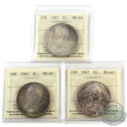 Silver $1 1967 ICCS Certified MS-65. 3pcs. Lightly toned