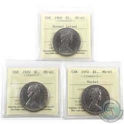 Nickel $1 1968 Normal Island, 1970 & 1972 ICCS Certified MS-65. 3pcs