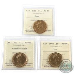 Loon $1 1990, 1992 Confederation & 1993 ICCS Certified MS-66. 3pcs