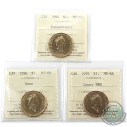 Loon $1 1994 Remembrance, 1996 & 1999 Numismatic BU ICCS Certified MS-66. 3pcs