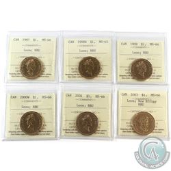 Loon $1 1997, 1998W, 1999, 2000W, 2001 & 2003 New Effigy ICCS Certified MS-66 NBU. 6pcs