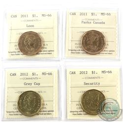 Loon $1 2011, 2011 Parks Canada, 2012 Grey Cup & 2012 Security ICCS Certified MS-66. 4pcs