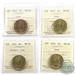 Loon $1 2012, 2013, 2014 Olympic Loon & 2014 ICCS Certified MS-66. 4pcs