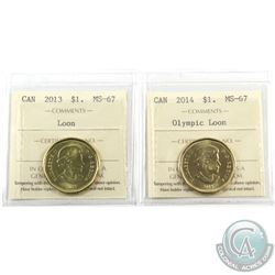 Loon $1 2013 & 2014 Olympic ICCS Certified MS-67. 2pcs