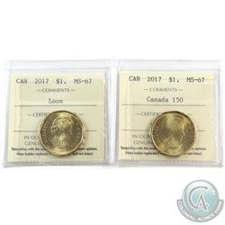 Loon $1 2017 & 2017 Canada 150 ICCS Certified MS-67. 2pcs