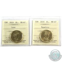 Loon $1 2019 & 2019 Equality ICCS Certified MS-67. 2pcs