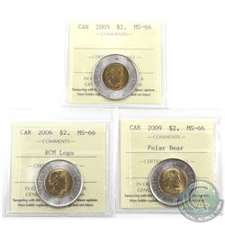 $2 2005, 2006 RCM Logo & 2009 ICCS Certified MS-66. 3pcs