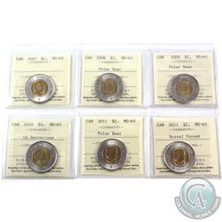 $2 2007, 2008, 2009, 2010 16 Serrations, 2011 & 2011 Boreal Forest ICCS Certified MS-65. 6pcs