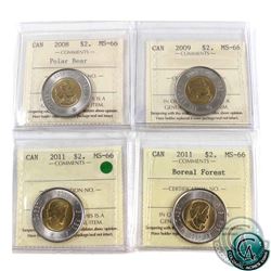 $2 2008, 2009, 2011 & 2011 Boreal Forest ICCS Certified MS-66. 4pcs