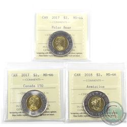 $2 2017 Polar Bear, 2017 Canada 150 & 2018 Armistice ICCS Certified MS-66. 3pcs