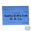 Image 1 : Hudson Bay Company Generic Note for $5.00 in Trade. No Date. Blue Cardboard with Black Printing. 64m
