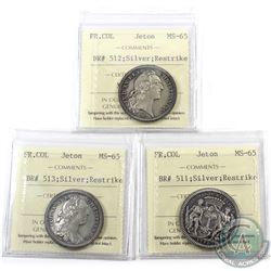 Jetons: Breton 511, 512 & 513 Silver Restrikes French Colonies ICCS Certified MS-65. 3pcs