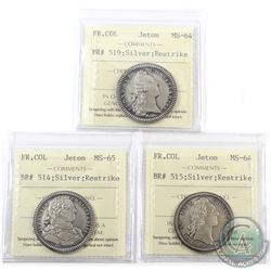 Jetons: Breton 514, 515 & 519 Silver Restrikes French Colonies ICCS Certified MS-64/65. 3pcs