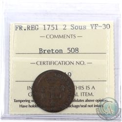 Token: 1751 French Regime 2 Sous Breton 508 ICCS Certified VF-30