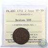 Image 1 : Token: 1751 French Regime 2 Sous Breton 508 ICCS Certified VF-30