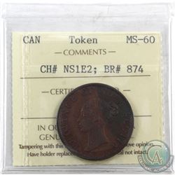 Token: NS1E2 Nova Scotia 1840 Half Penny, Medium "O" Breton 874 ICCS Certified MS-60.