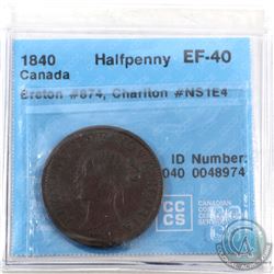 Token: NS1E4 Nova Scotia 1840 Half Penny Breton 874 CCCS Certified EF-40