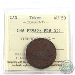 Token: PE8A2 1858 Fisheries and Agriculture Half Penny Breton 921 ICCS Certified AU-50 Thin Flan. An