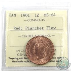 Planchet Flaw 1-cent Canada 1901 ICCS Certified MS-64 Red. Lamination Error at 6 o'clock on the obve