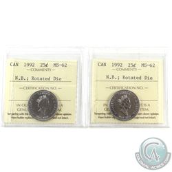 Error 25-cents 1992 Canada New Brunswick; Rotated Dies ICCS Certified MS-62 (45 degree & 135 degree 