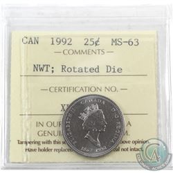 Error 25-cent 1992 Canada North West Territories; Rotated Die ICCS Certified MS-63 (315 degree rotat